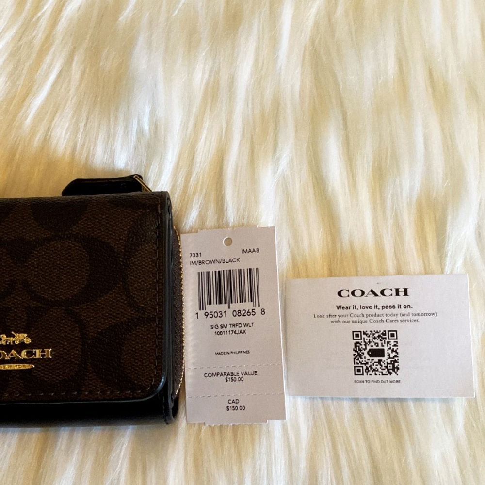 NWT💃Coach Small Trifold Wallet In Signature Canvas Brown Black - Picture 8 of 8